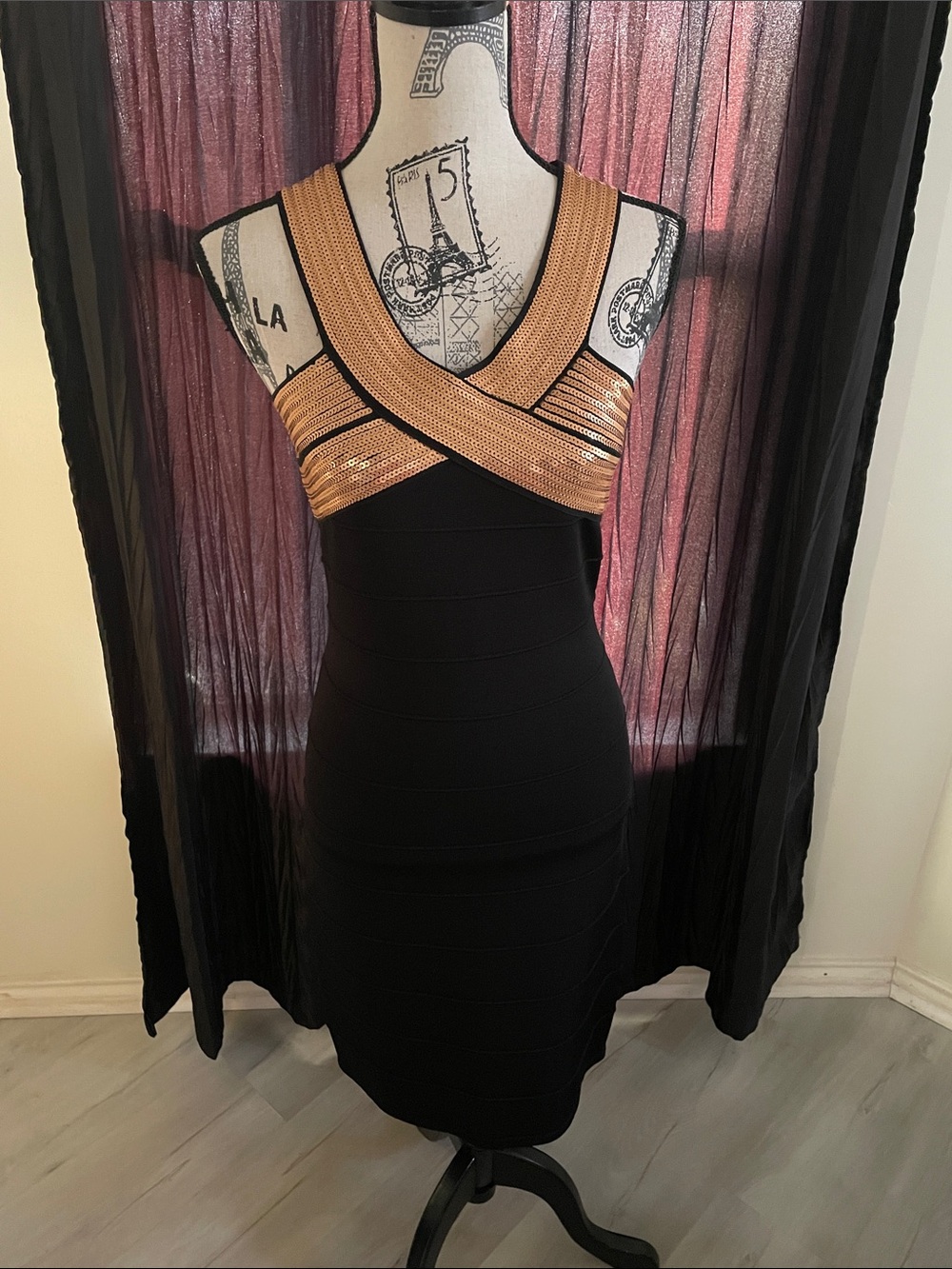 Jax Black Mini Dress with Gold Crossover Detail